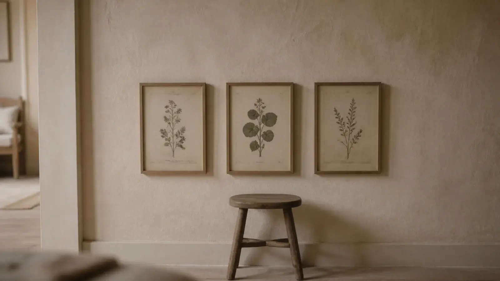 three thrifted botanical prints hung low in plain timber frames