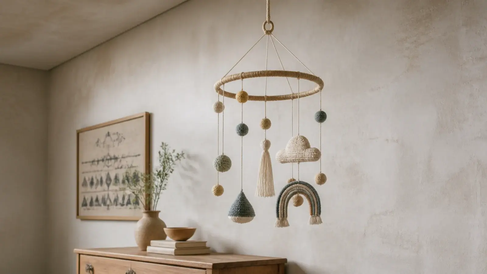 small woven mobile suspended high above a low chest of drawers