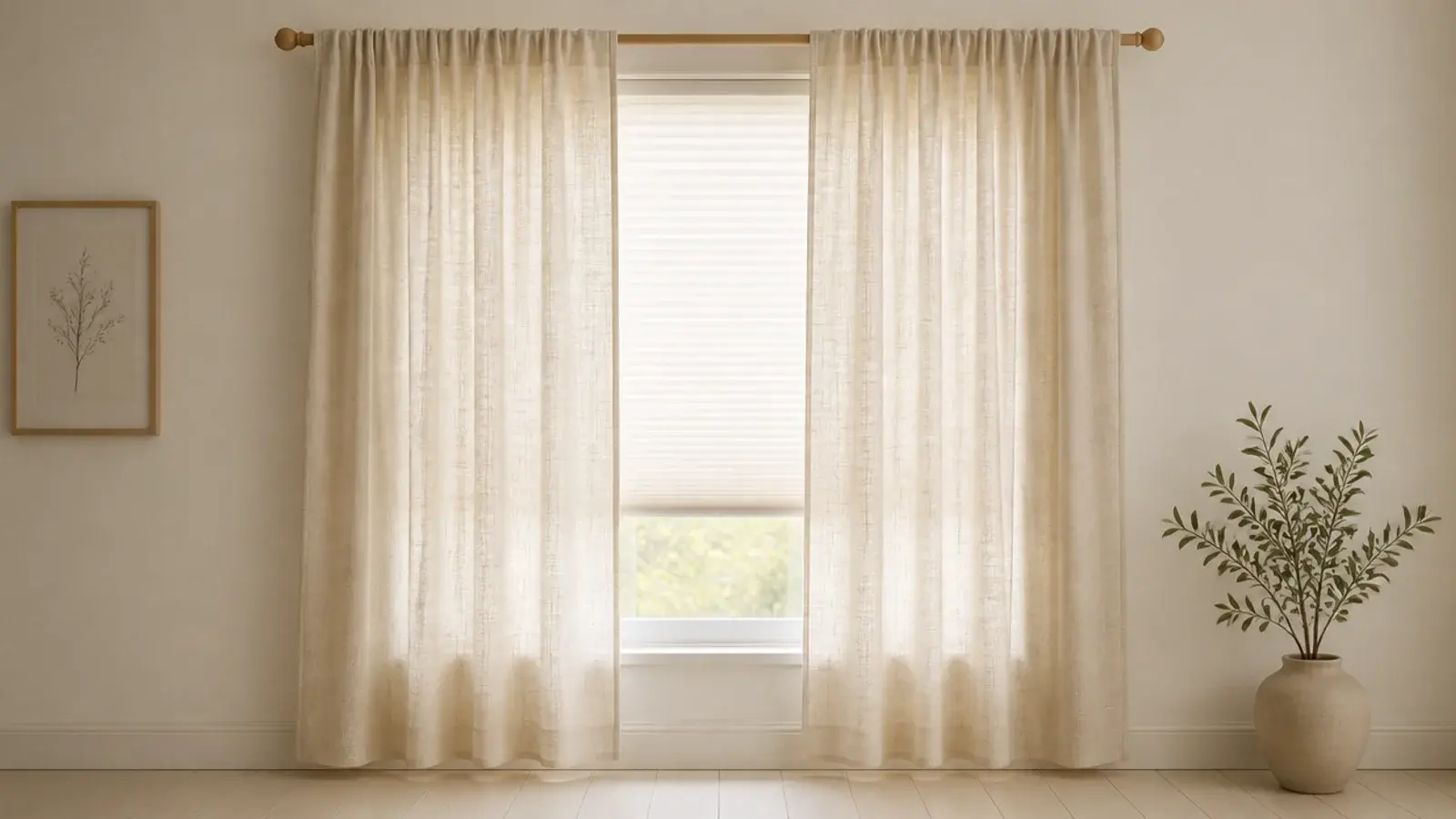 slub cotton curtains hanging clear of the floor at a bedroom window