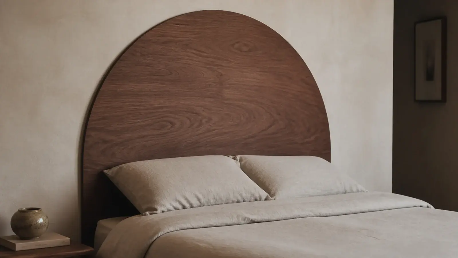 plywood arch headboard stained warm walnut behind a low bed