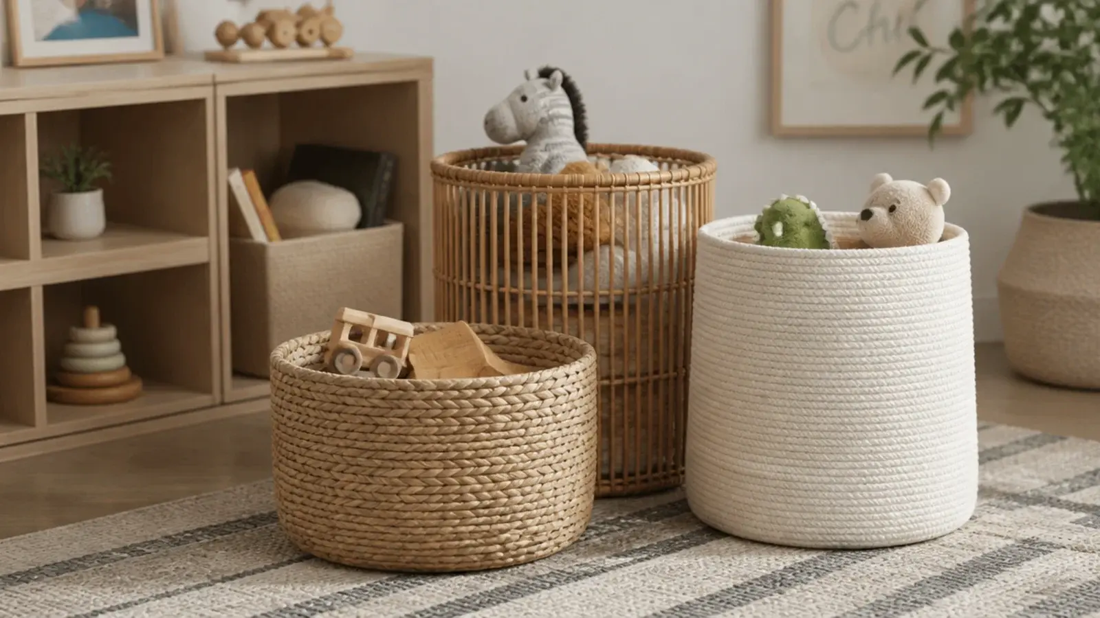 three baskets of different weaves grouped beside a low shelf