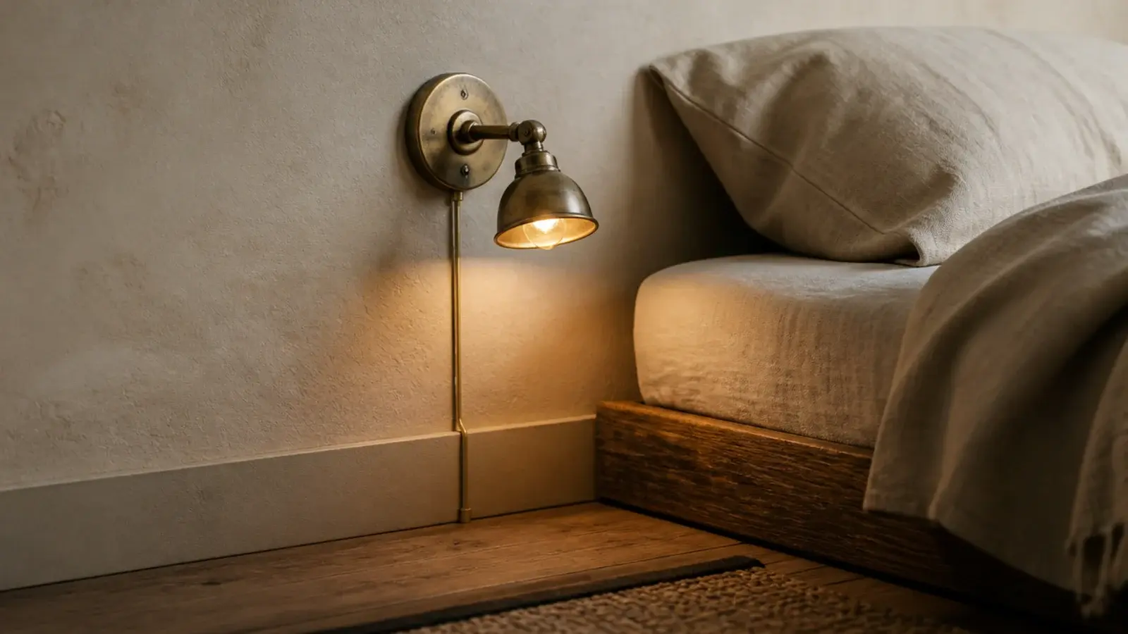 small brass wall lamp fixed beside a bed with cable clipped down