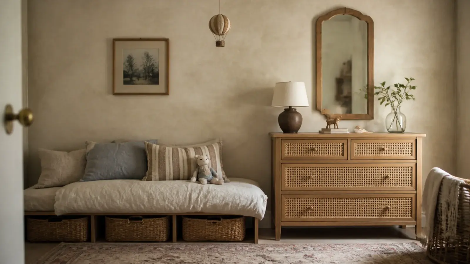 toddler girl boho bedroom with limewash walls cane dresser and linen