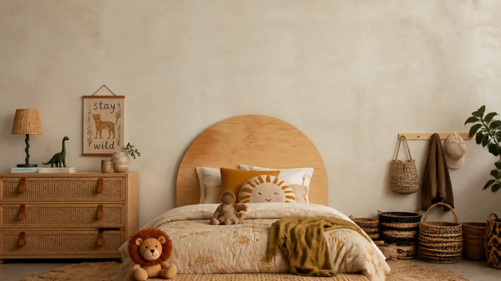 tall toddler girl boho bedroom with limewash cane leather pulls and linen