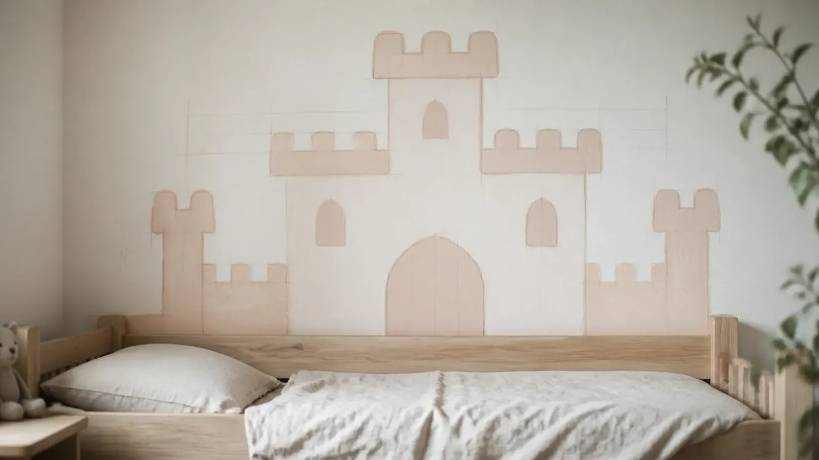 castle shaped arch painted in blush on a wall behind a low bed