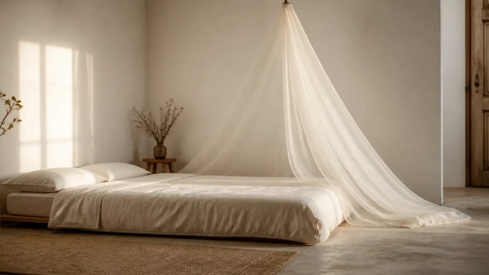 ivory tulle canopy gathered on a hook above the foot of a bed