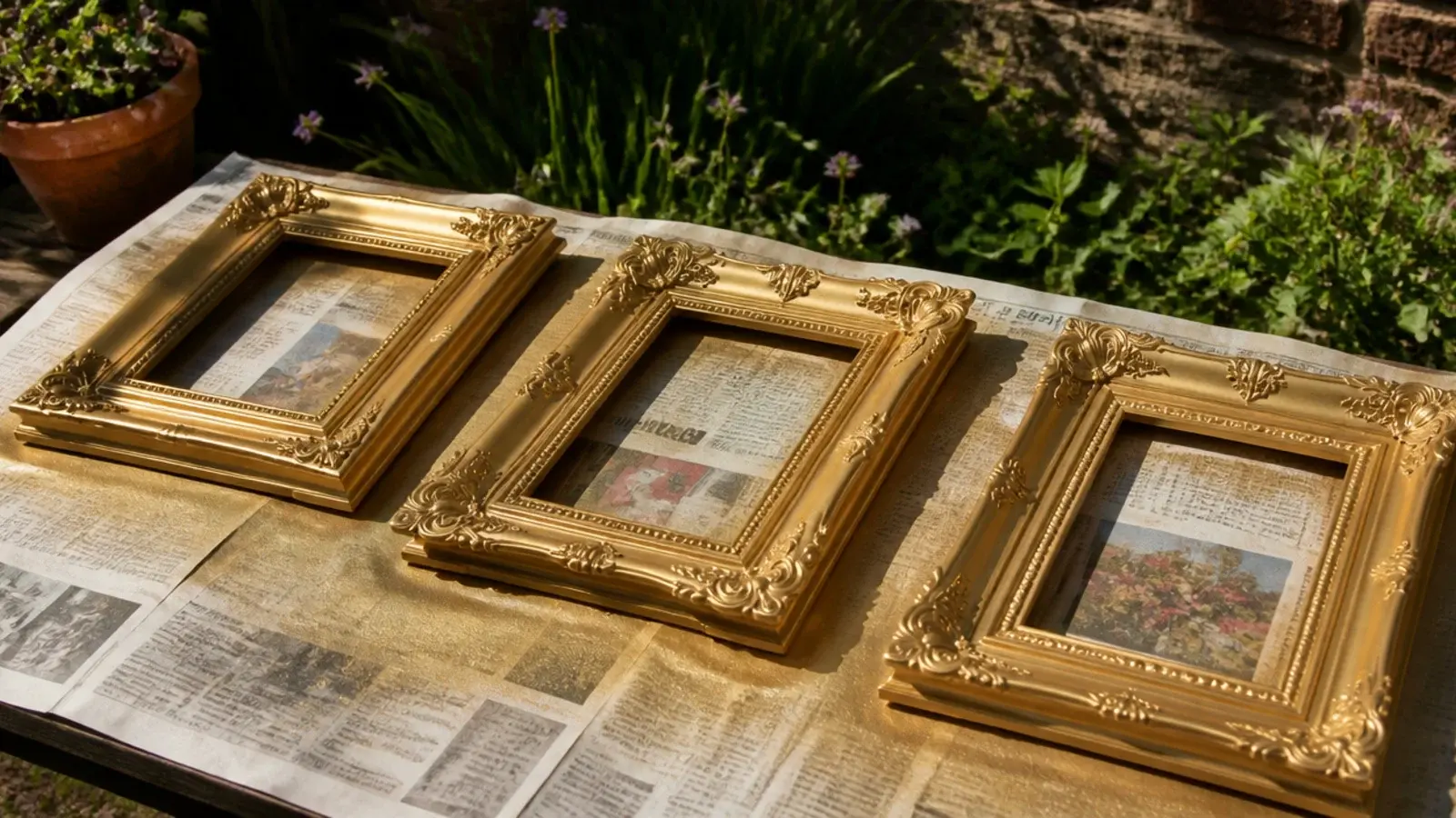 three charity shop frames sprayed gold and hung low on a wall