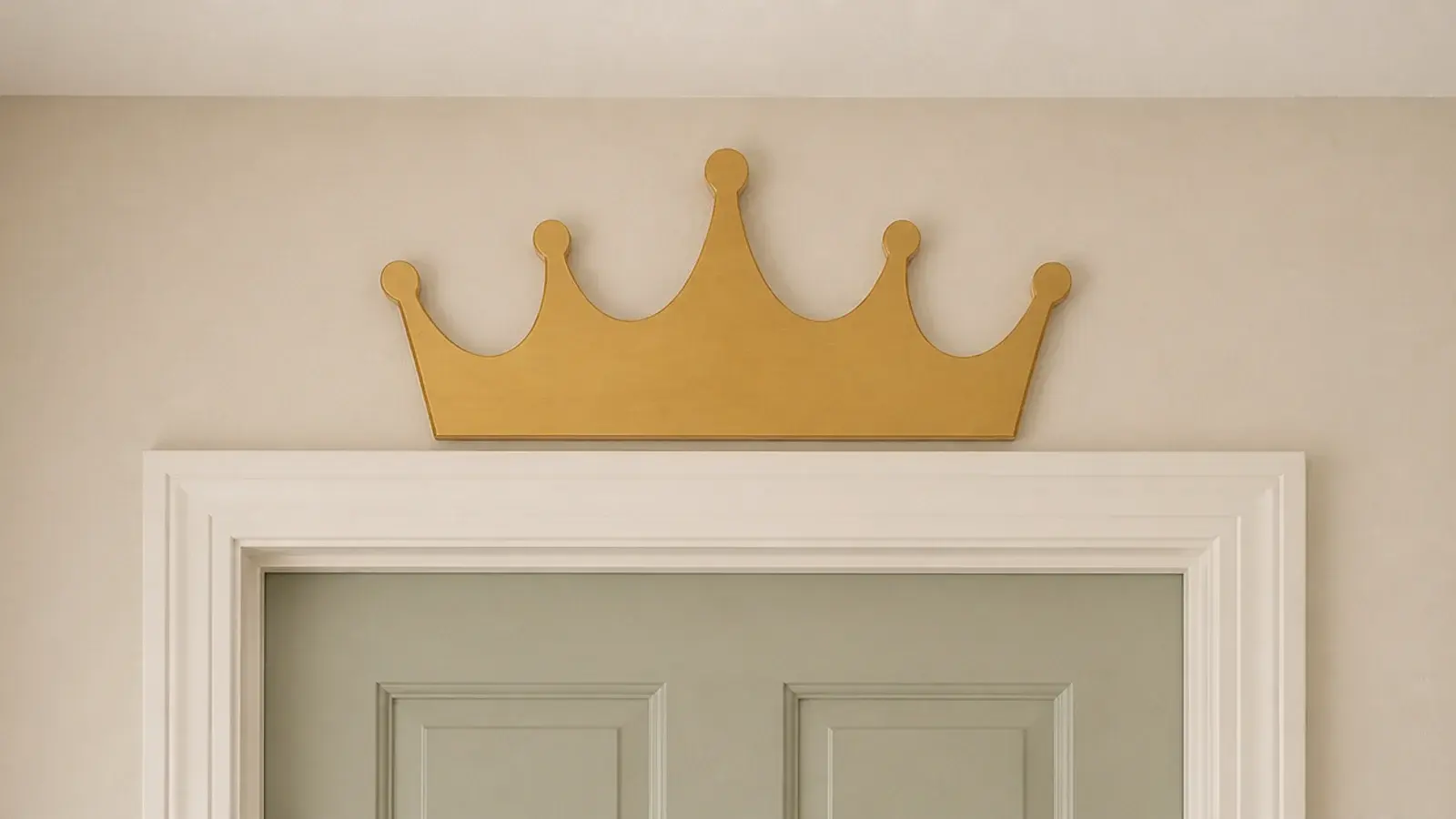 plywood crown shape painted gold mounted high above a doorway