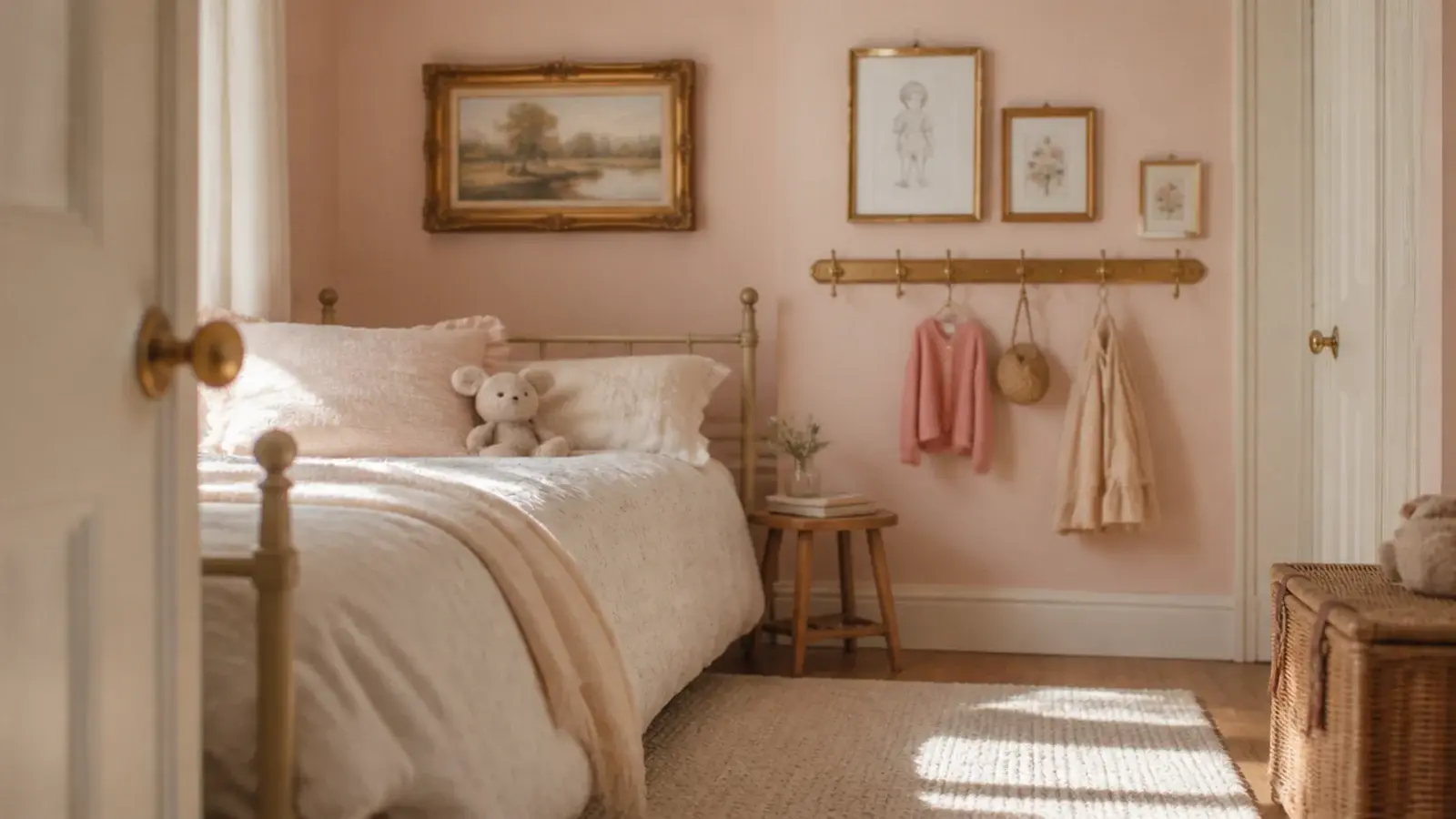 blush walls with warm gold accents in a calm child bedroom
