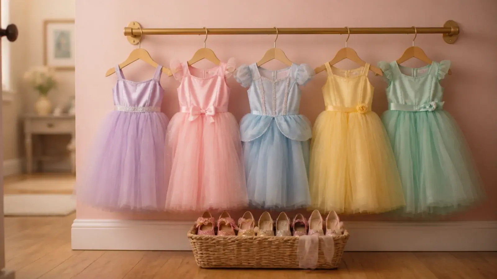 row of tulle dress up gowns hanging from a low rail on a wall