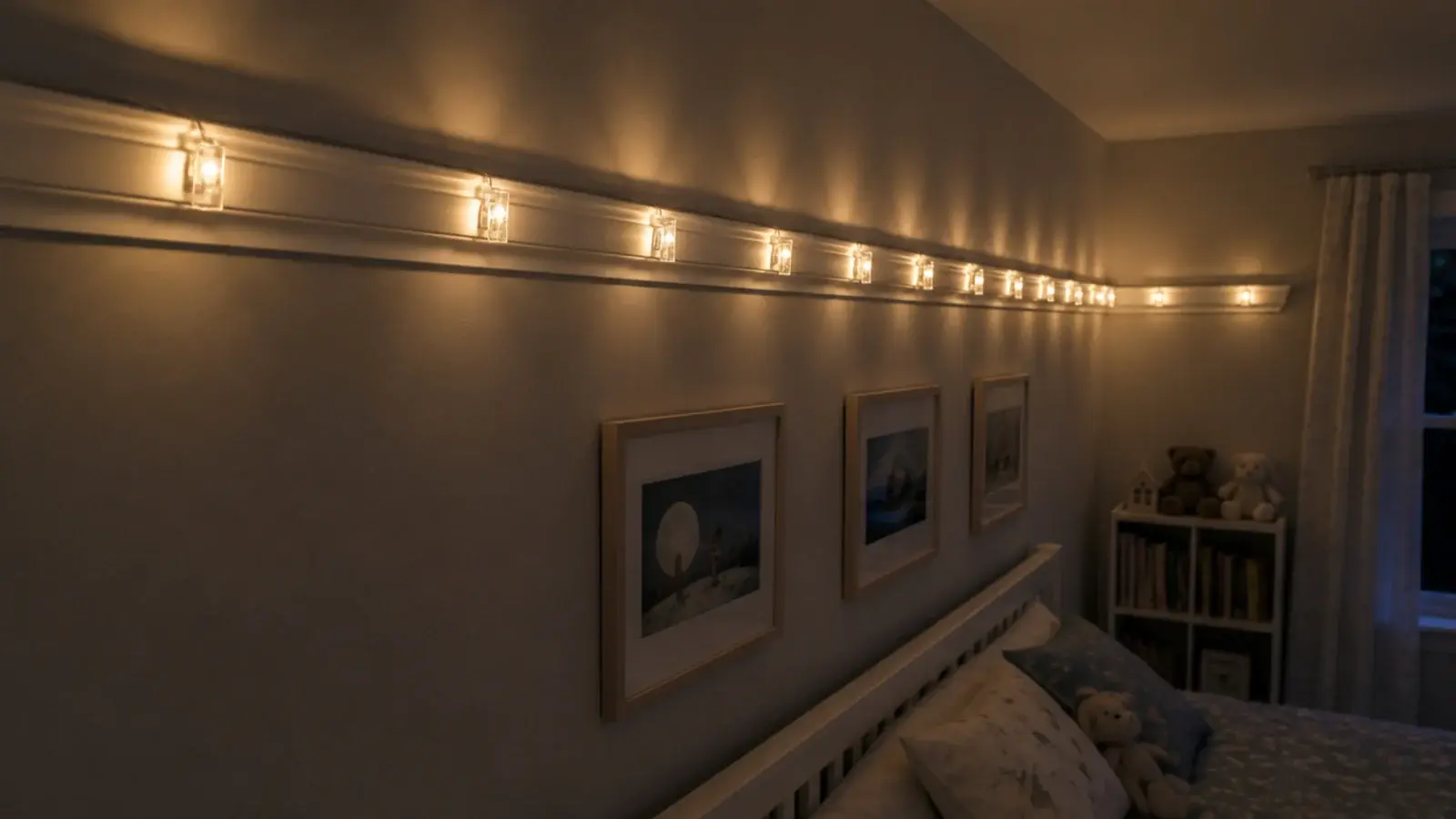 warm led fairy lights running high along a picture rail above a bed