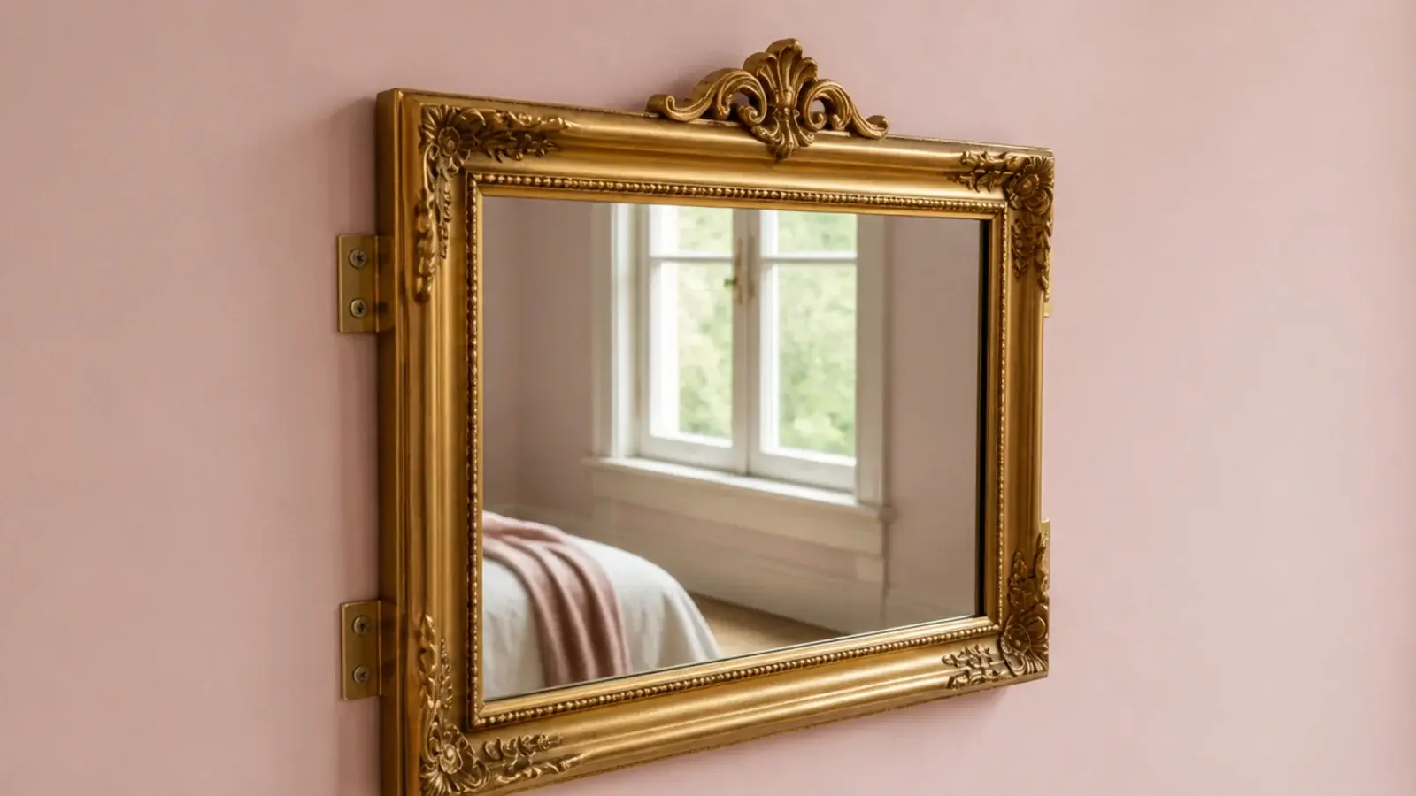 ornate thrifted mirror painted gold and screwed flat to a wall