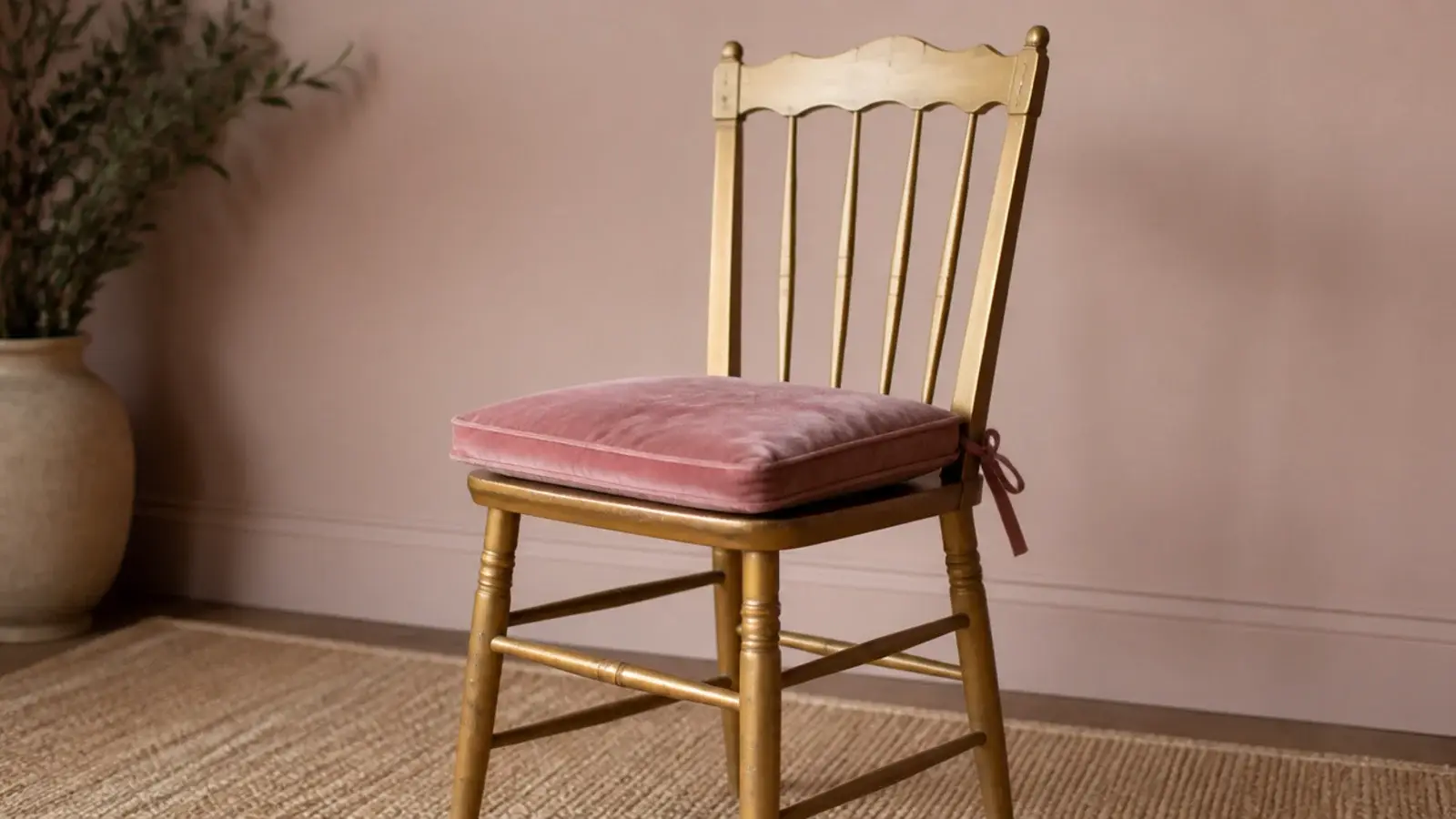small wooden chair painted gold with a velvet seat cushion