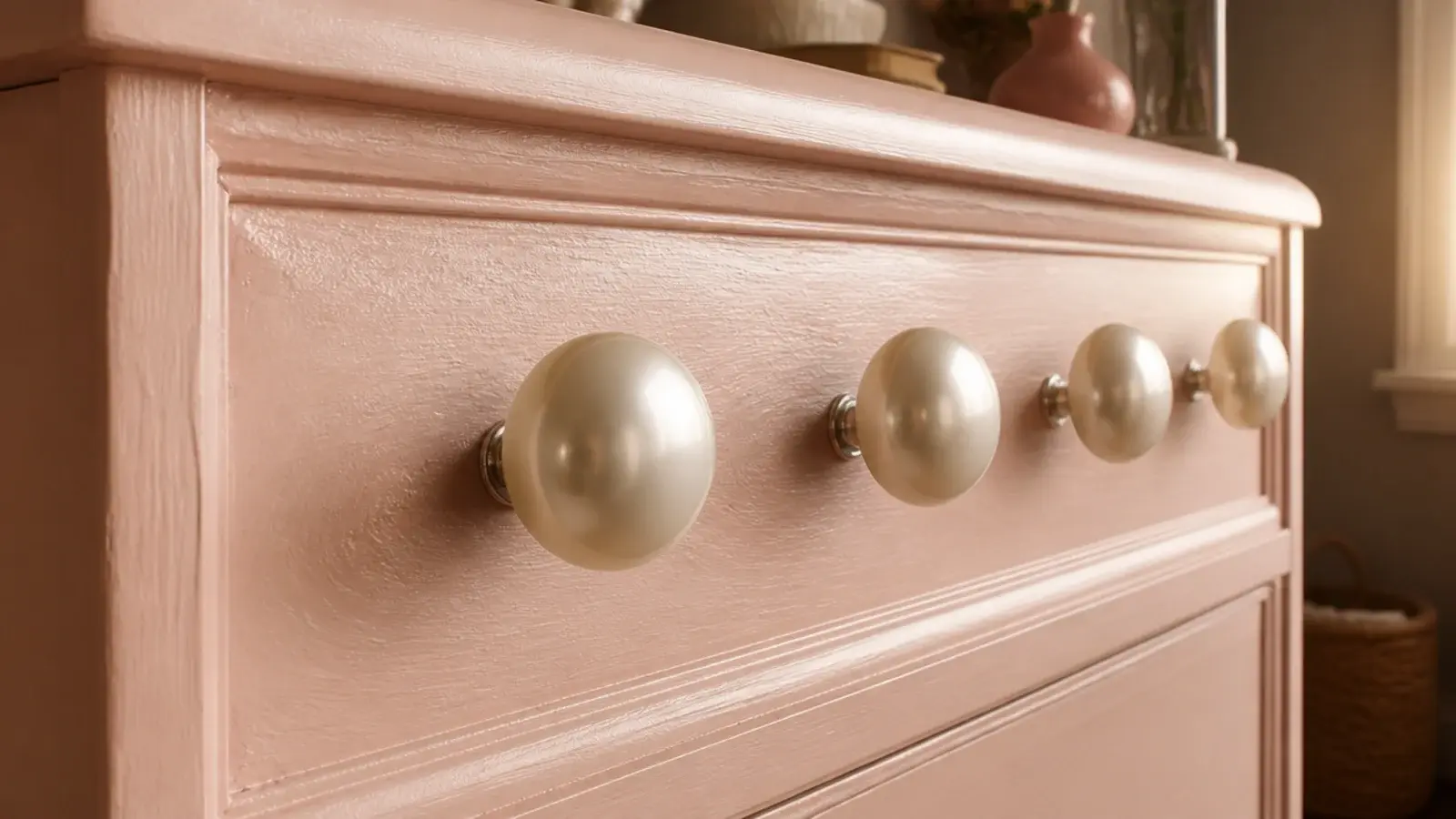 large pearl finish knobs fitted along a repainted blush dresser
