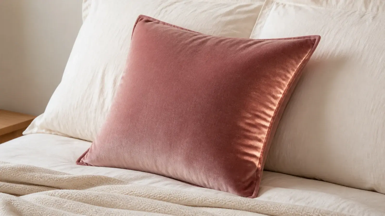 single dusty rose velvet cushion resting on plain cotton bedding