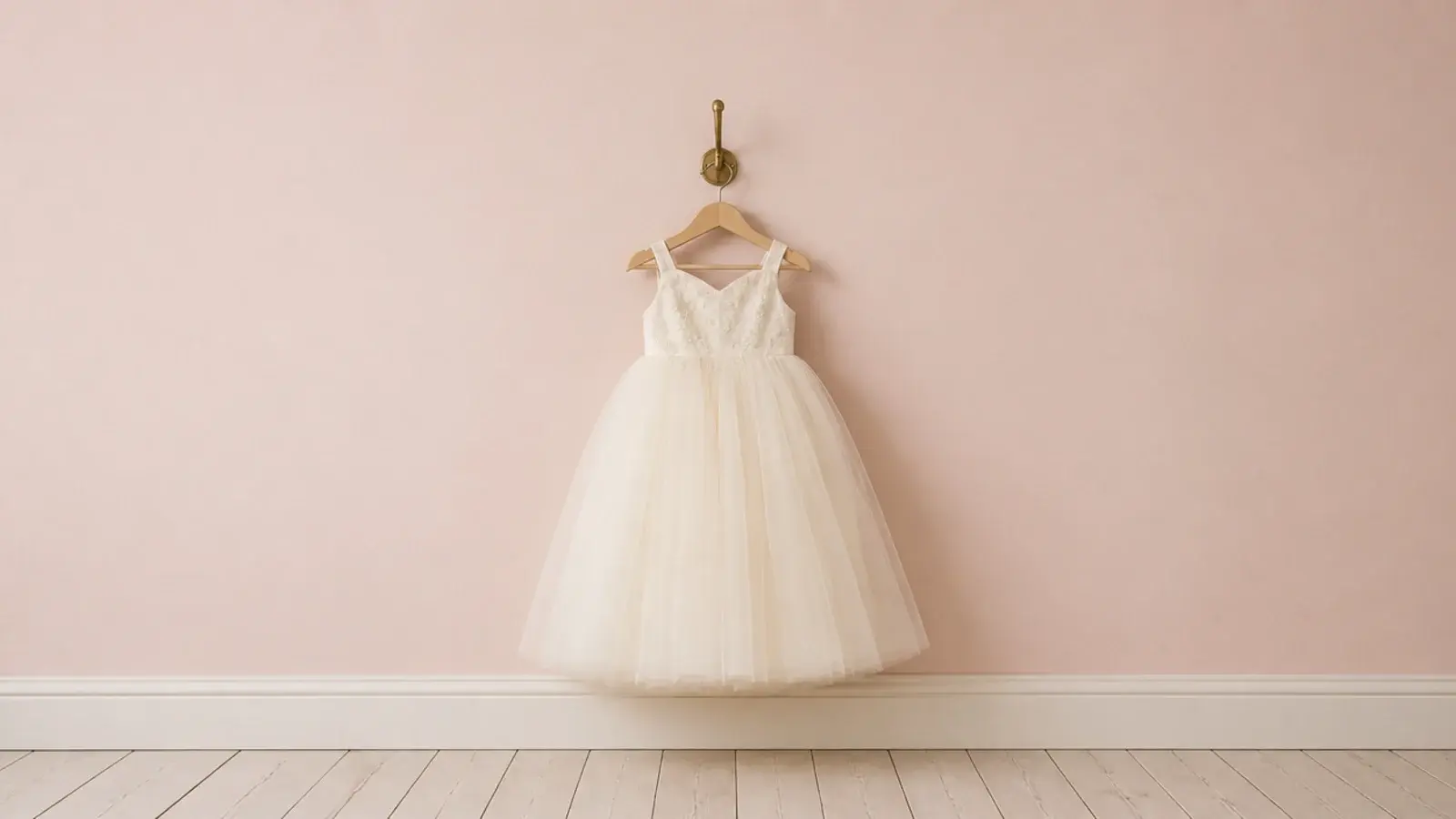 single brass hook holding a tulle gown against a blush wall