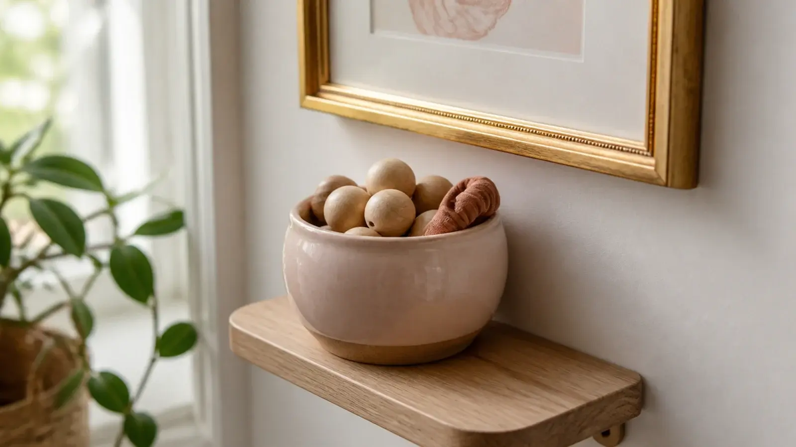 small ceramic pot of large beads sitting on a low wall shelf