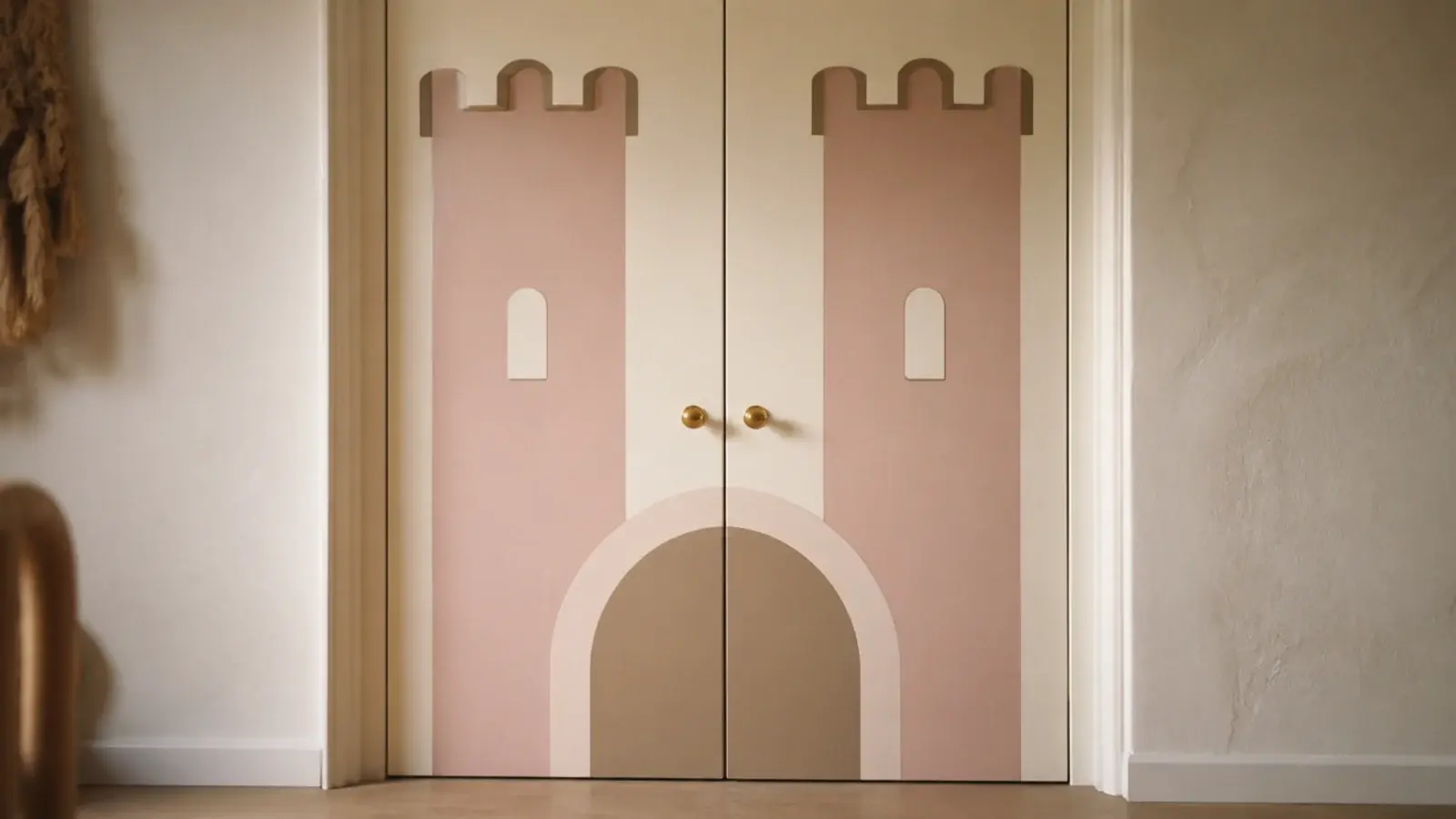 closet doors painted as castle towers in blush and cream