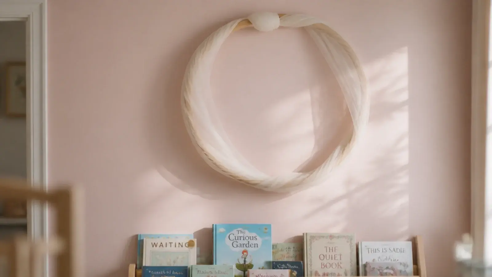 wooden hoop wrapped in tulle mounted high above a low shelf