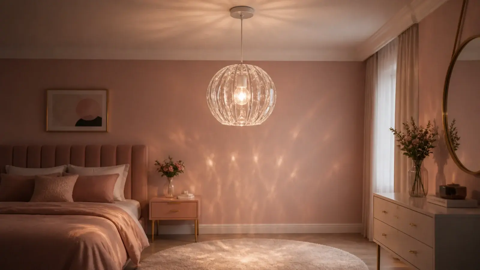 acrylic crystal effect pendant shade hanging over open bedroom floor