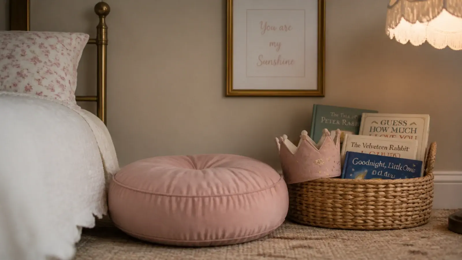 floor cushion and basket of crowns forming a story corner