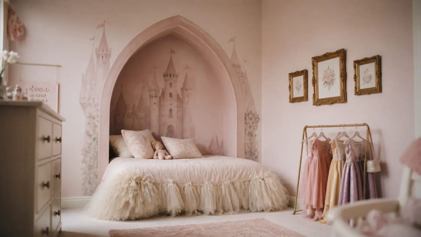 toddler girl princess bedroom with painted castle arch and tulle canopy