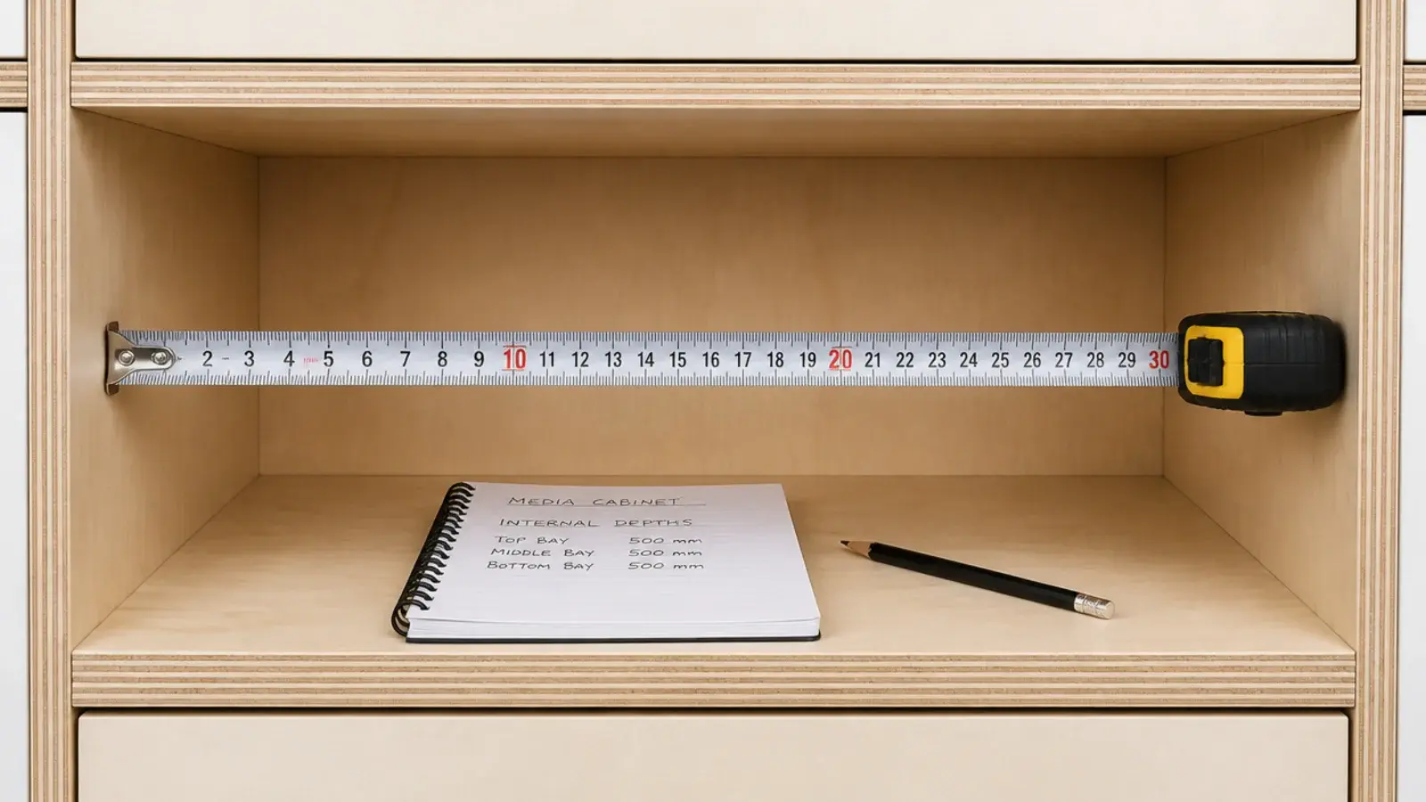 tape measure and notebook recording internal depths of a media cabinet
