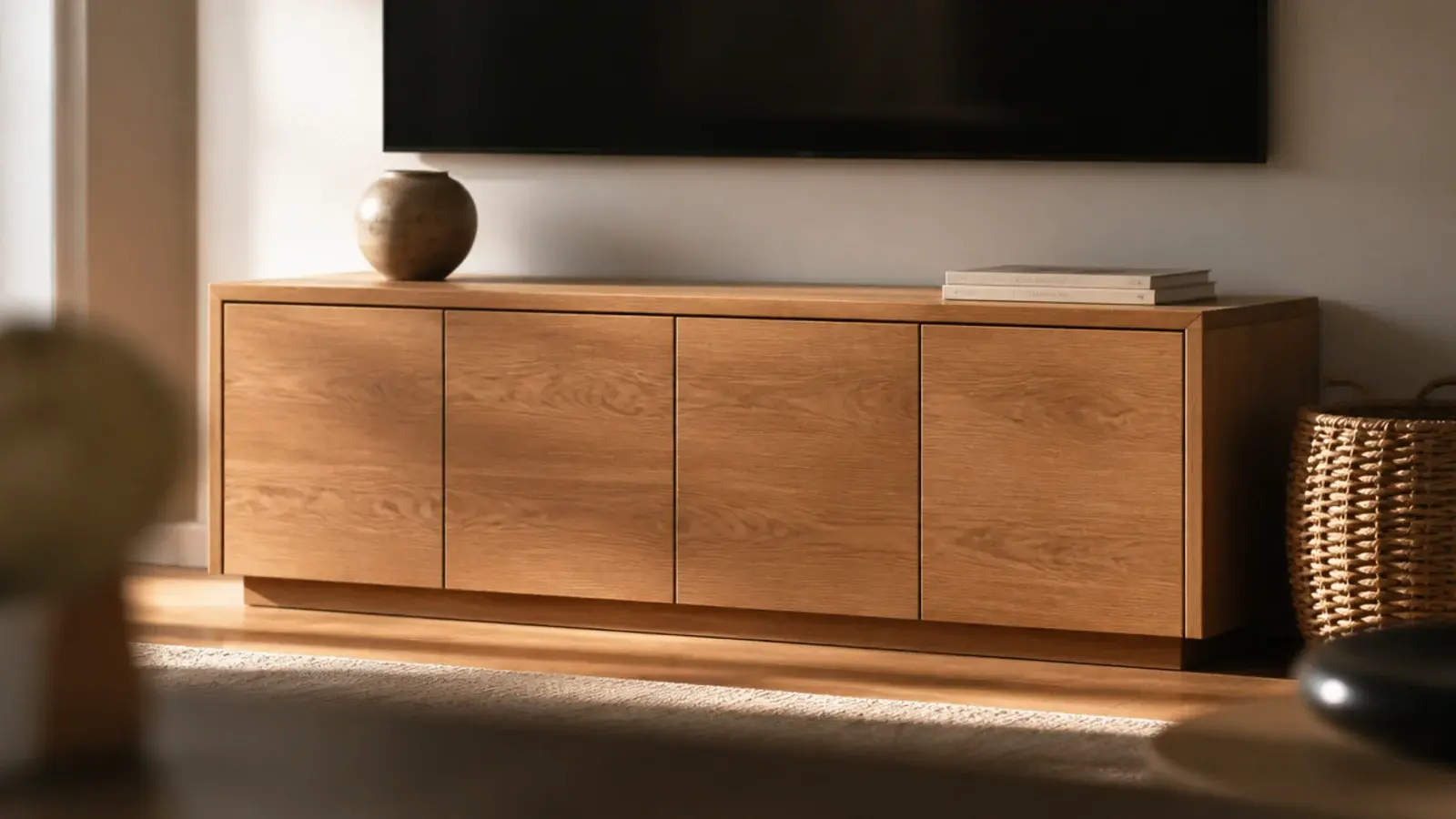 low solid oak console standing beneath a wall mounted television
