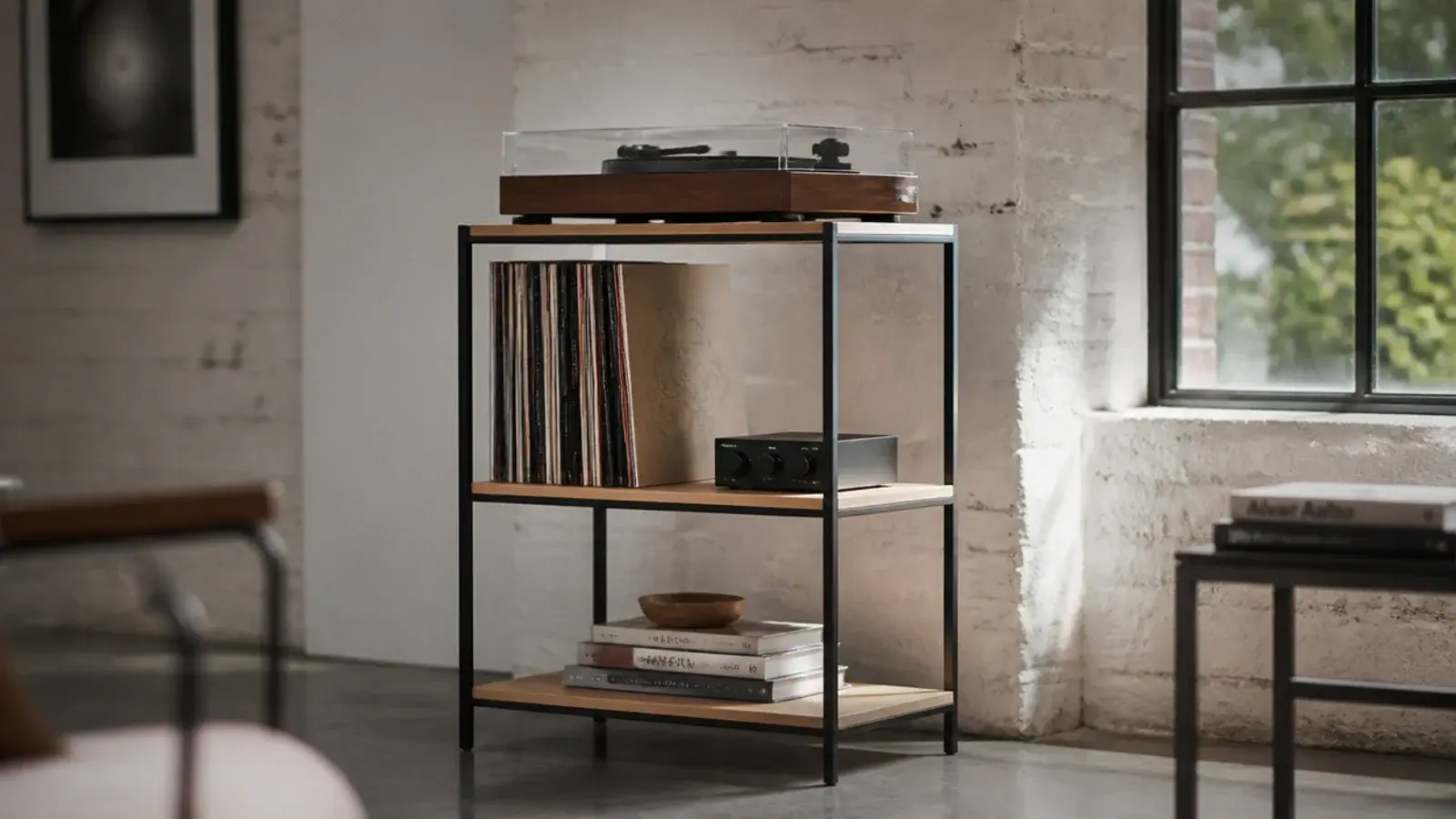 black steel frame carrying plywood shelves holding records and a turntable