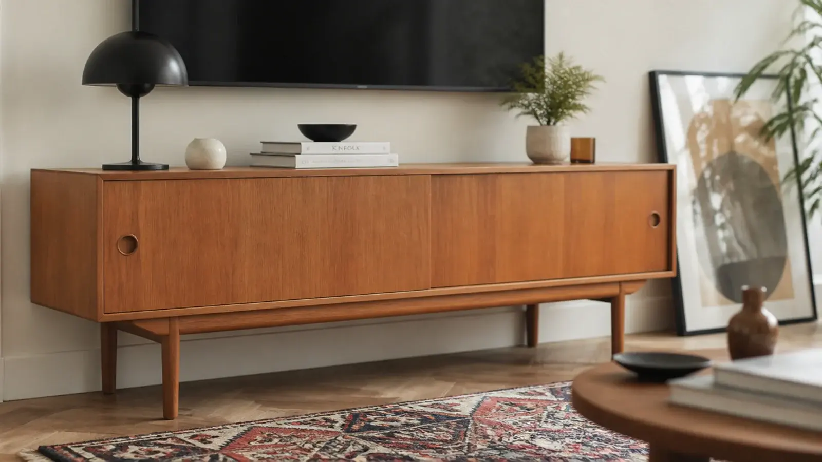 teak sideboard with sliding doors reused as an entertainment unit