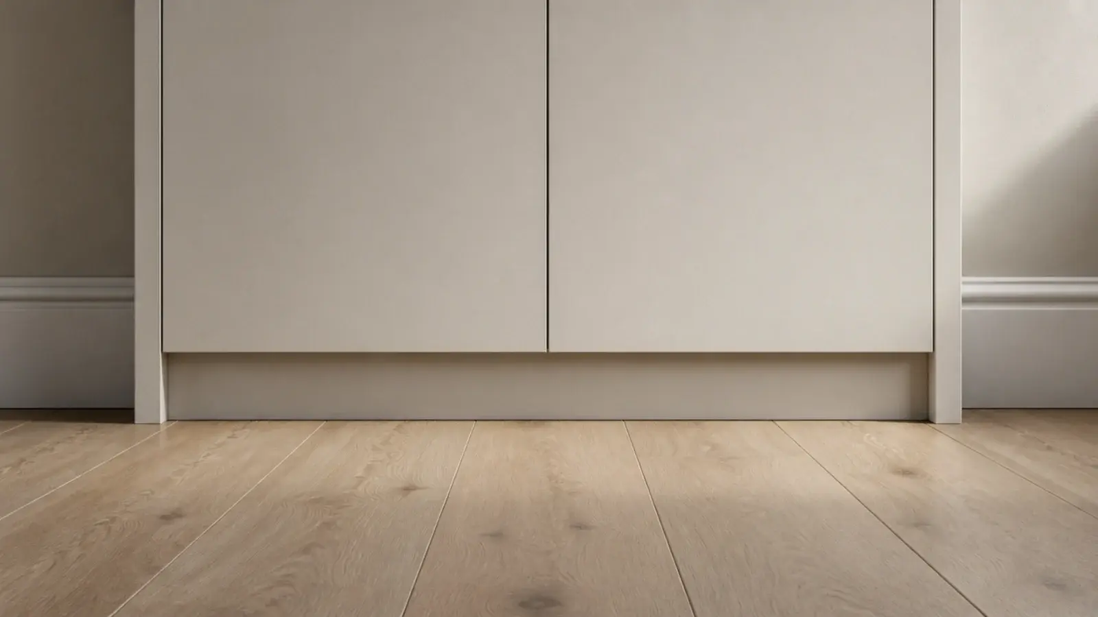 painted timber plinth raising a plain cabinet off a wooden floor