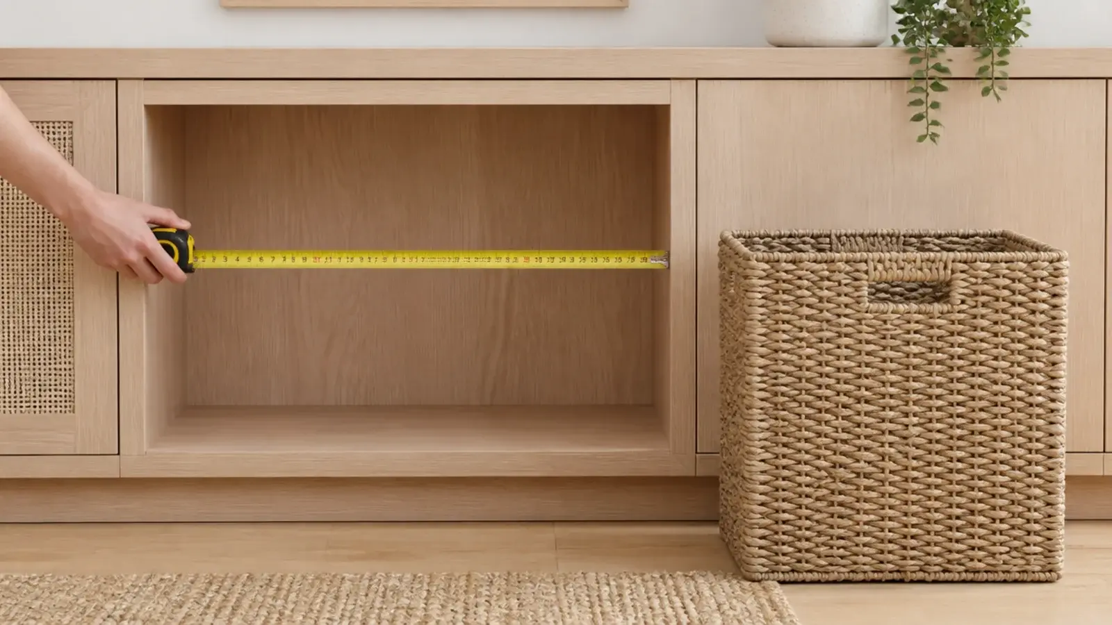 tape measure held inside a cubby with a basket waiting beside it