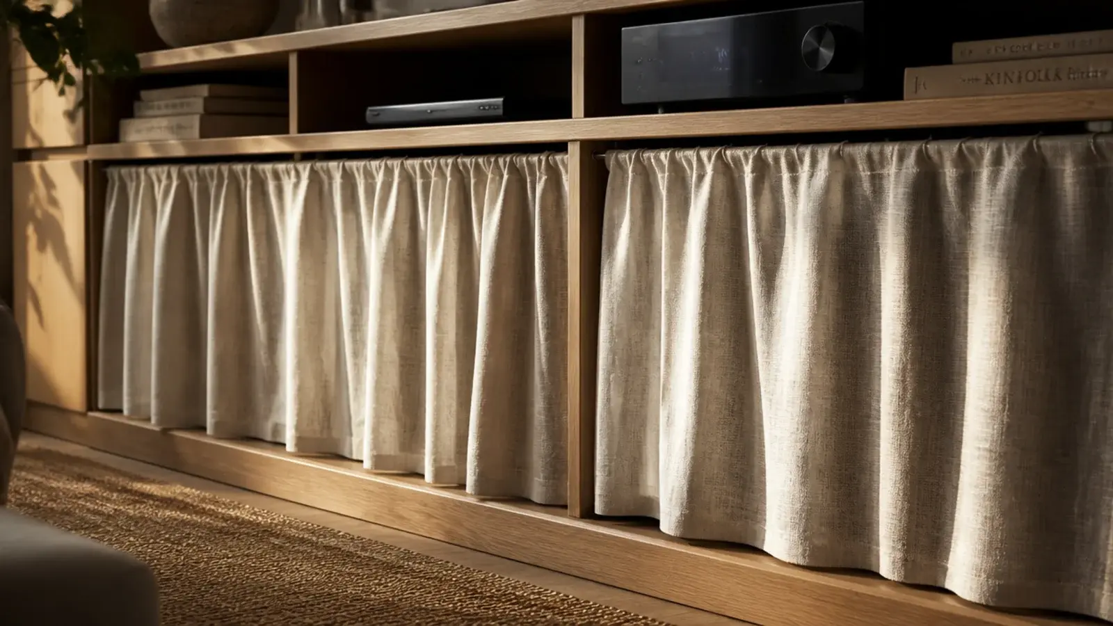 linen curtain strung across the lower bays of a media unit