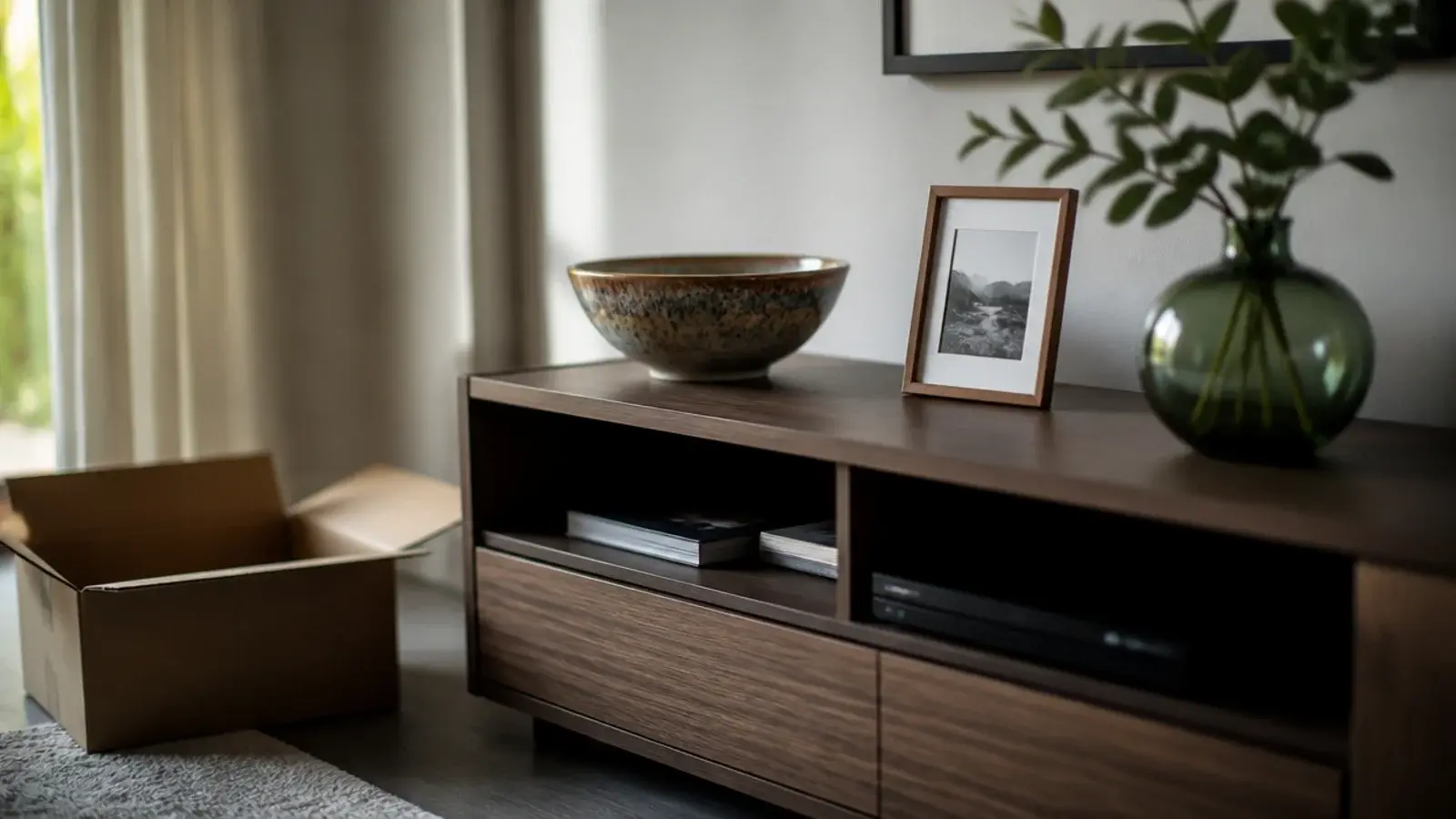 objects gathered from other rooms arranged on a media unit top