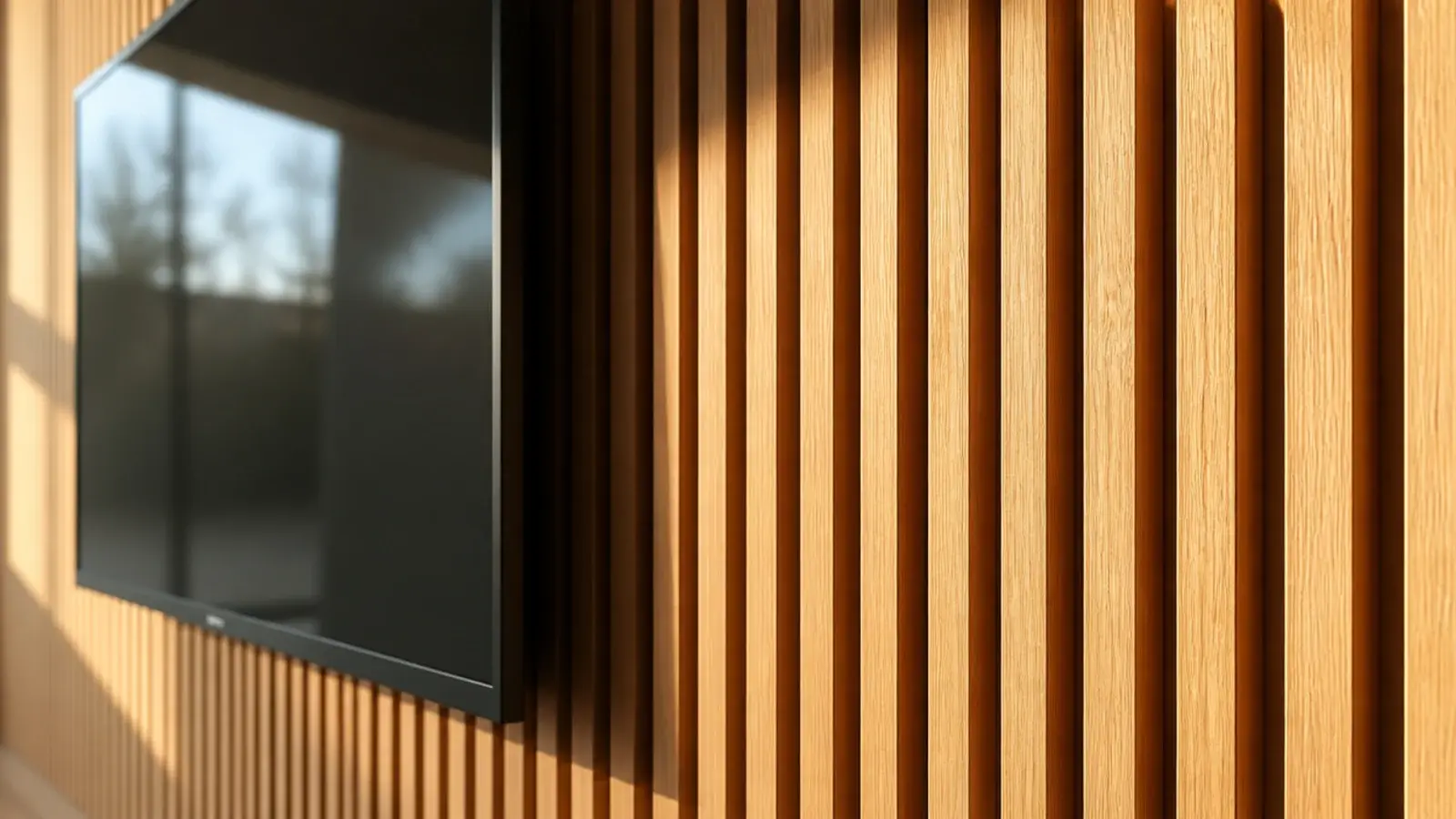 fluted oak wall panelling framing a dark screen in a modern room
