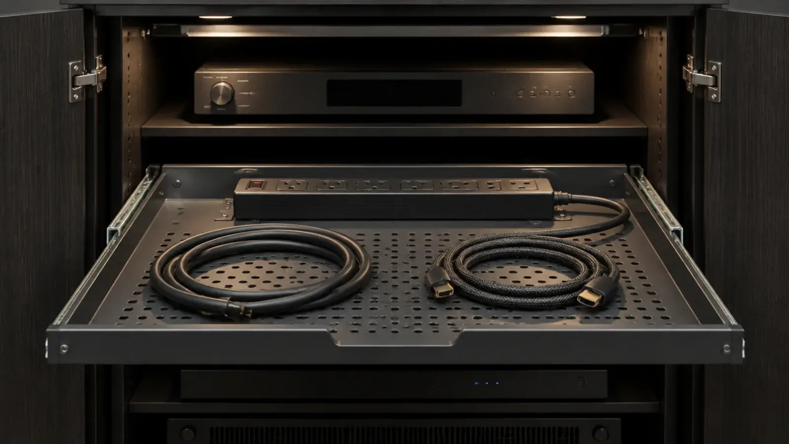 shallow metal cable tray sliding out from behind a media cabinet