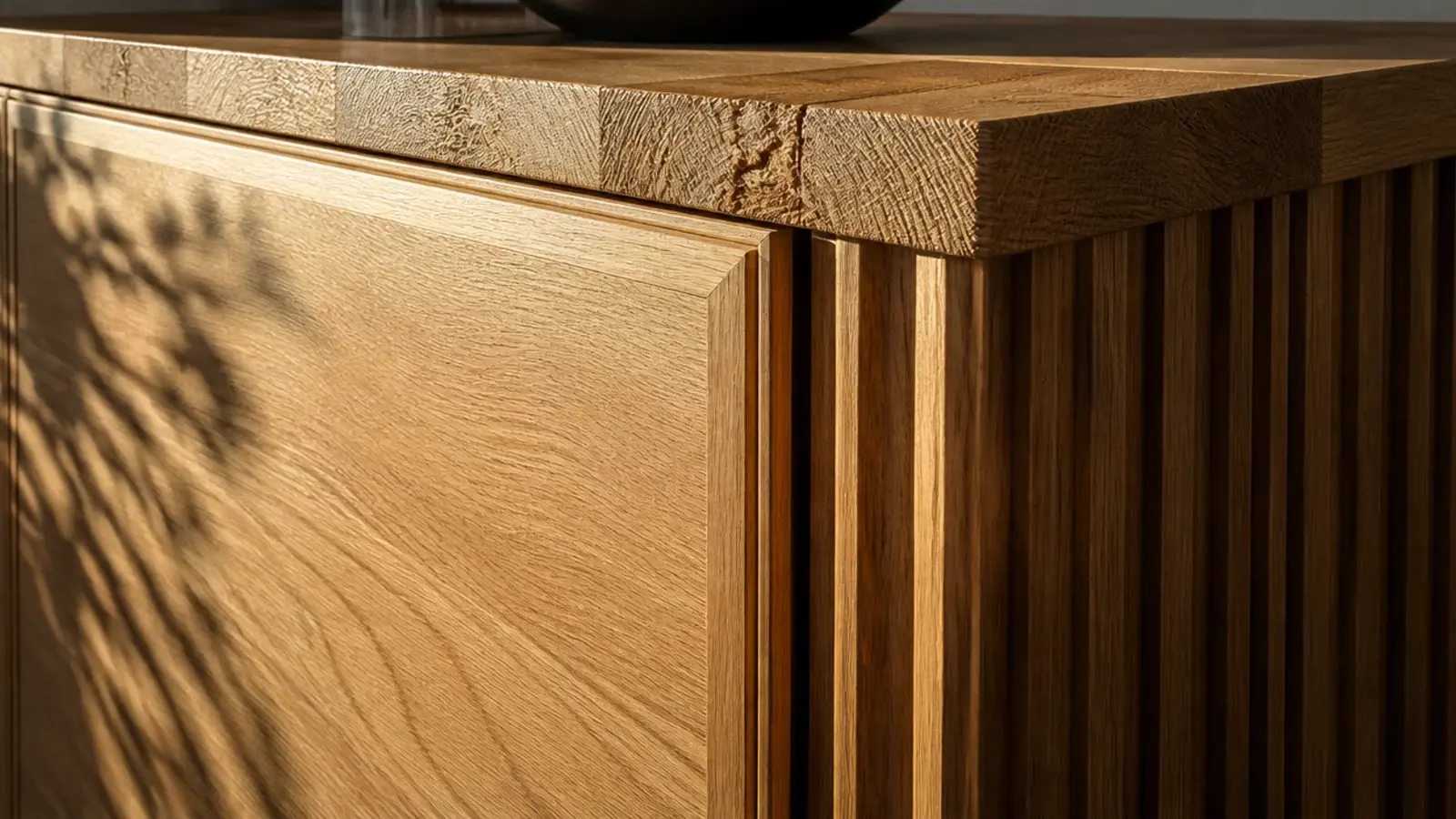 oak media unit combining smooth fluted and end grain surfaces together