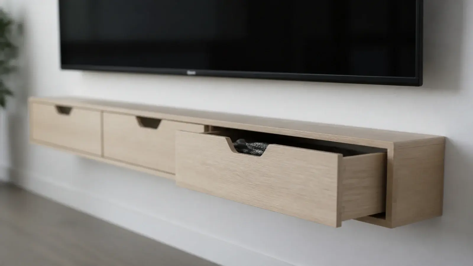 row of shallow wall hung drawers running beneath a mounted screen