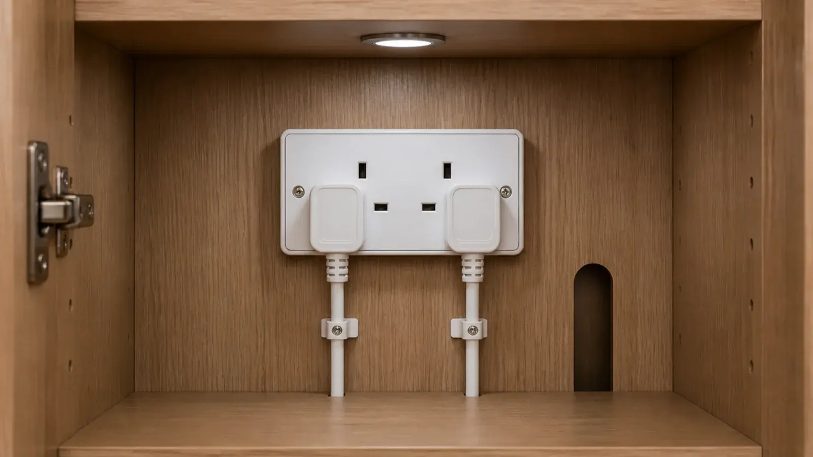 electrical socket fitted inside a cabinet with plugs hidden within