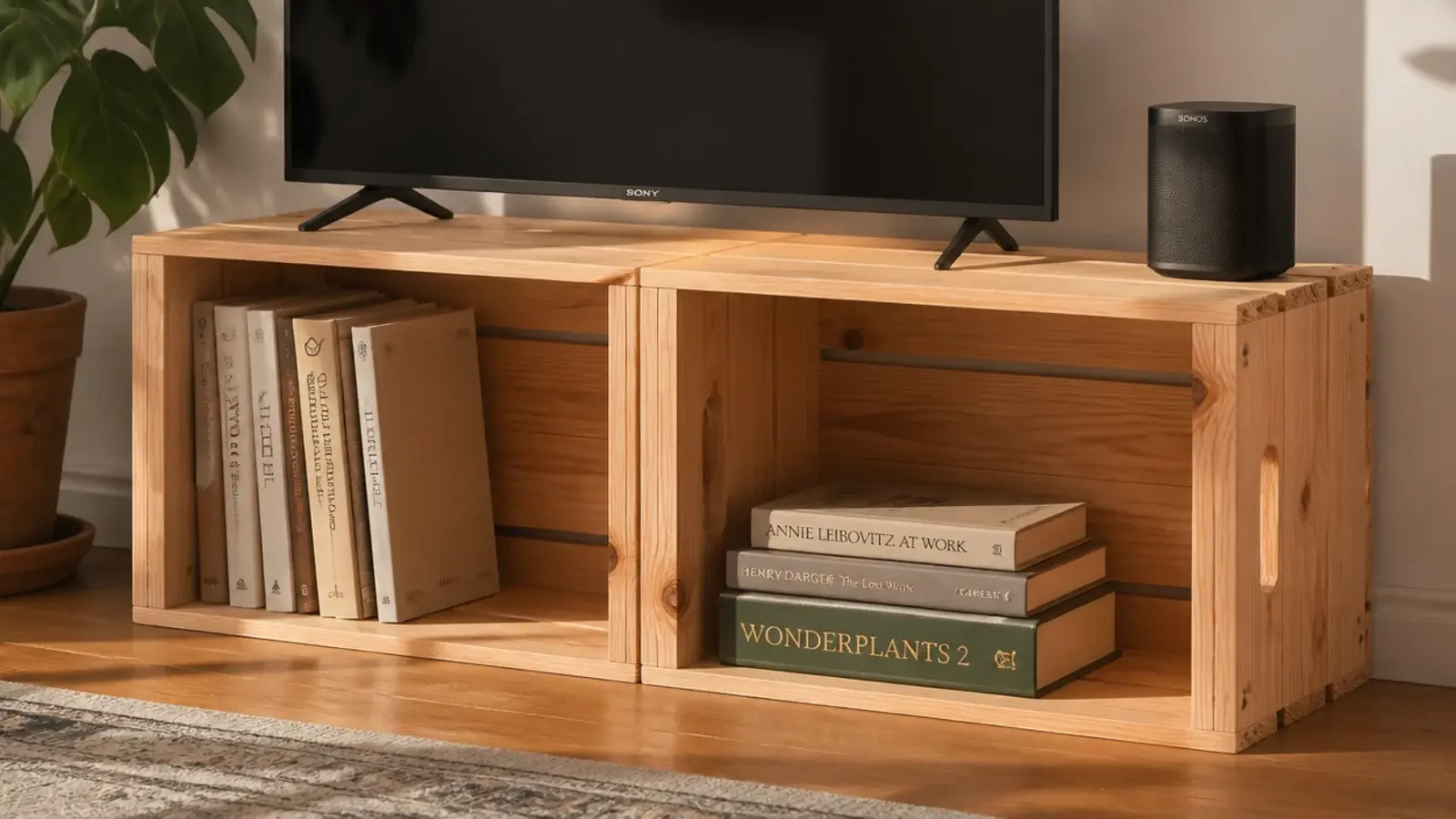pair of wooden crates used as a low media base under a screen