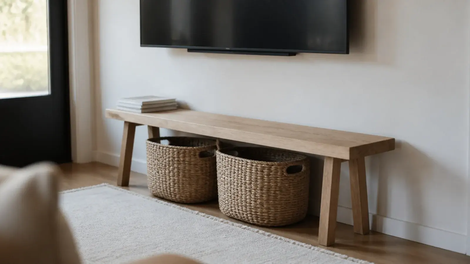 slim timber bench with two woven baskets stored beneath it