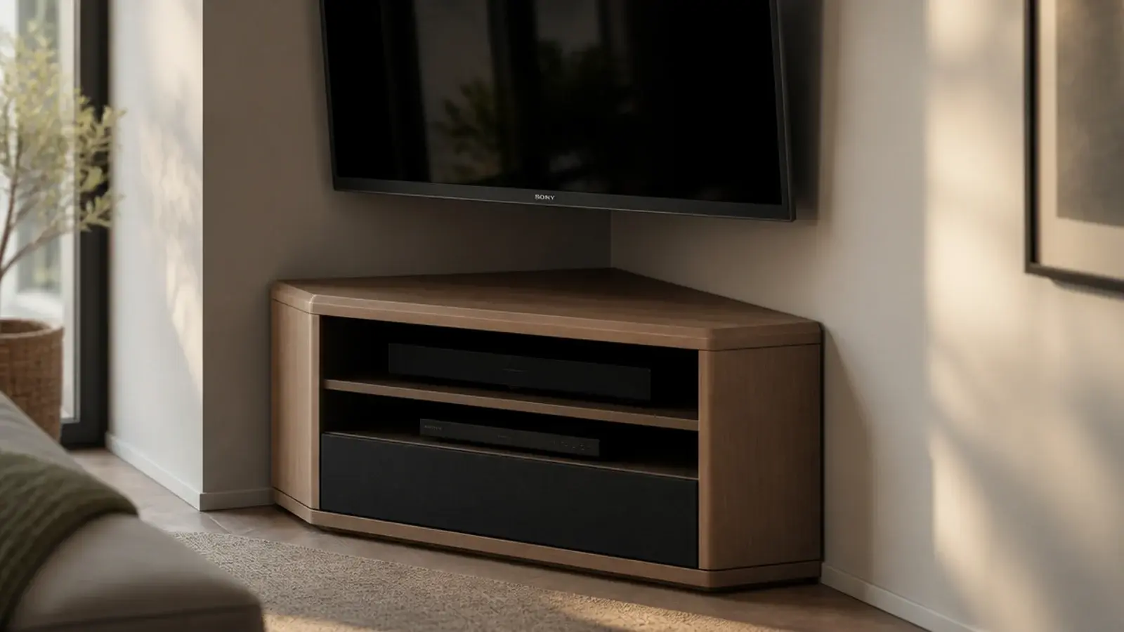 small angled media unit tucked into the corner of a compact room