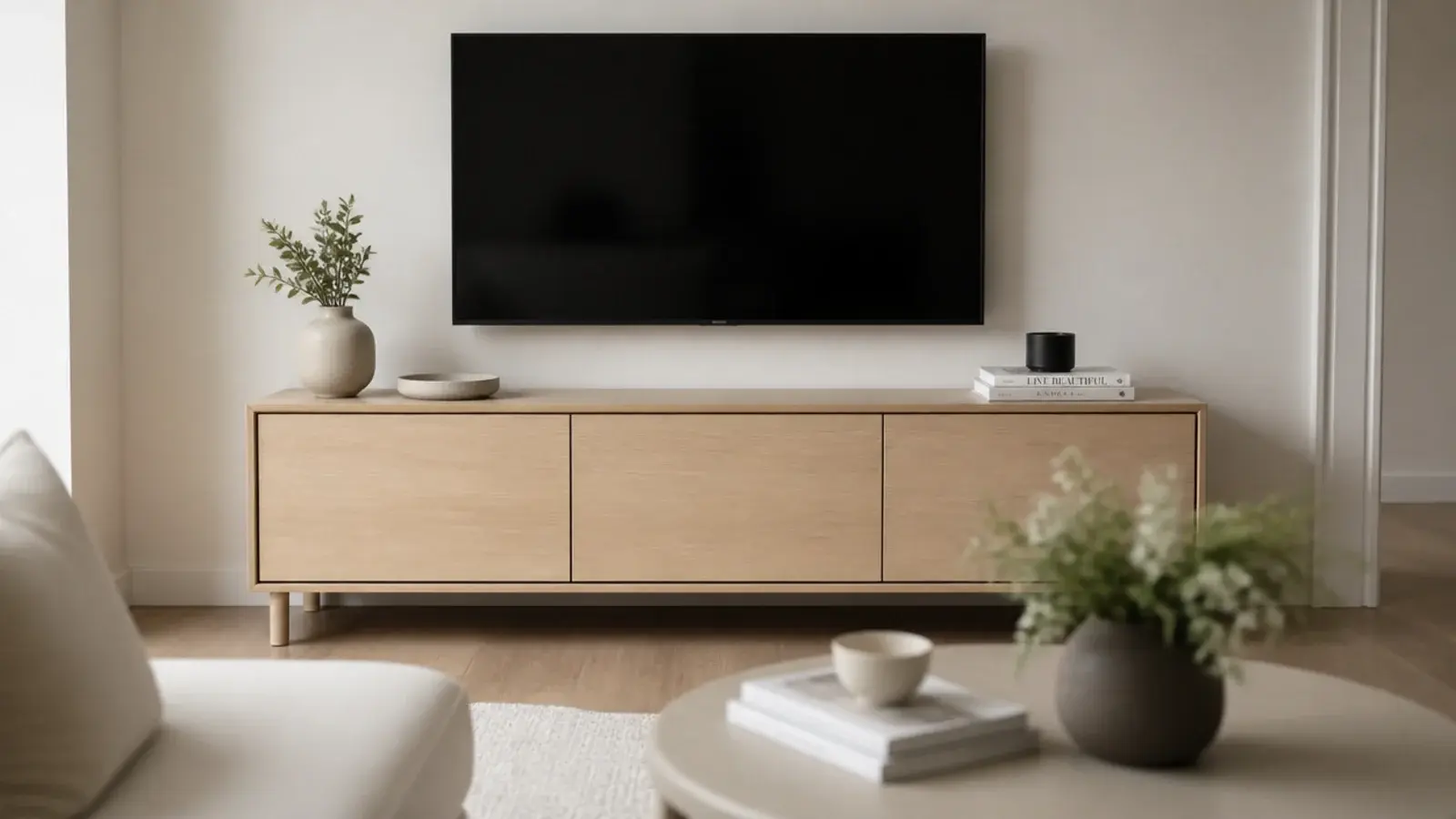pale timber media unit against a light wall in a small living room