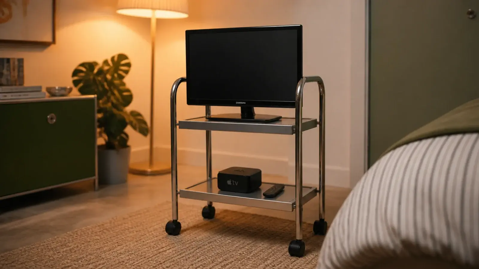 small rolling cart carrying a screen and boxes on castors
