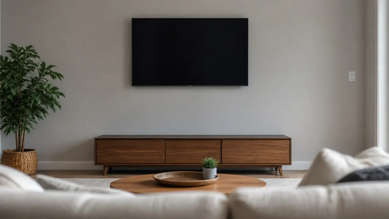screen mounted noticeably too high above a low media cabinet