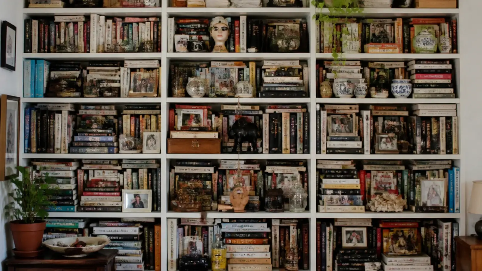 media unit with every shelf packed edge to edge with objects