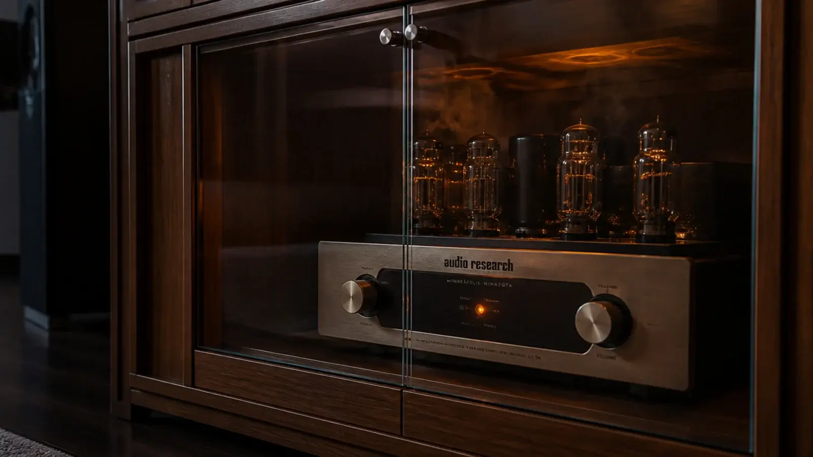 glass cabinet doors closed over a warm amplifier and its indicator light