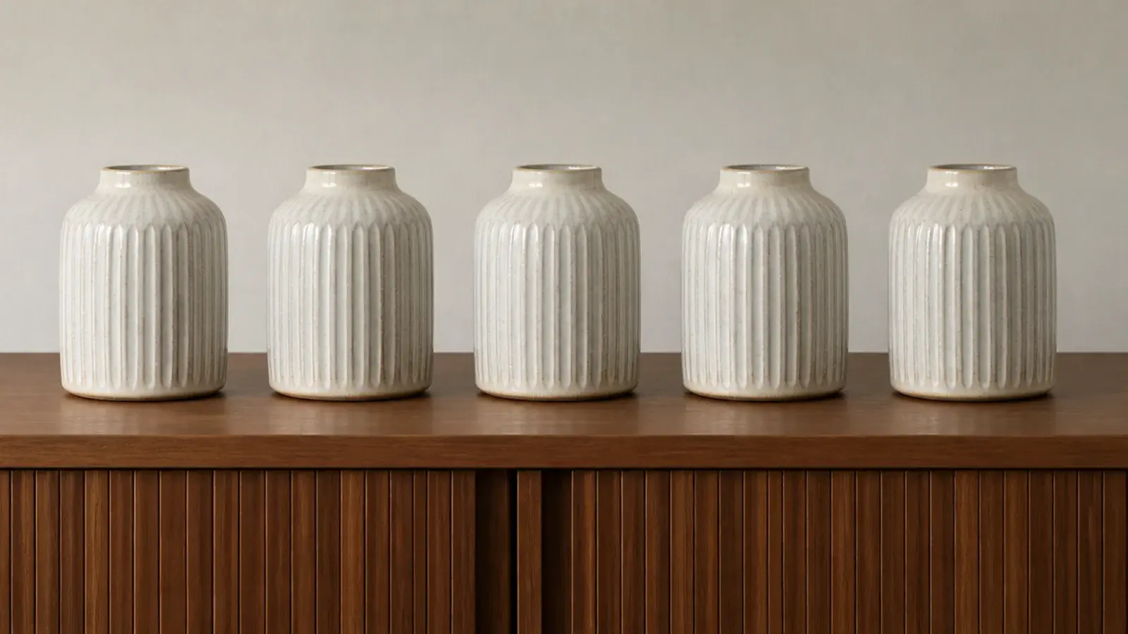 row of objects all the same height lined up on a cabinet top