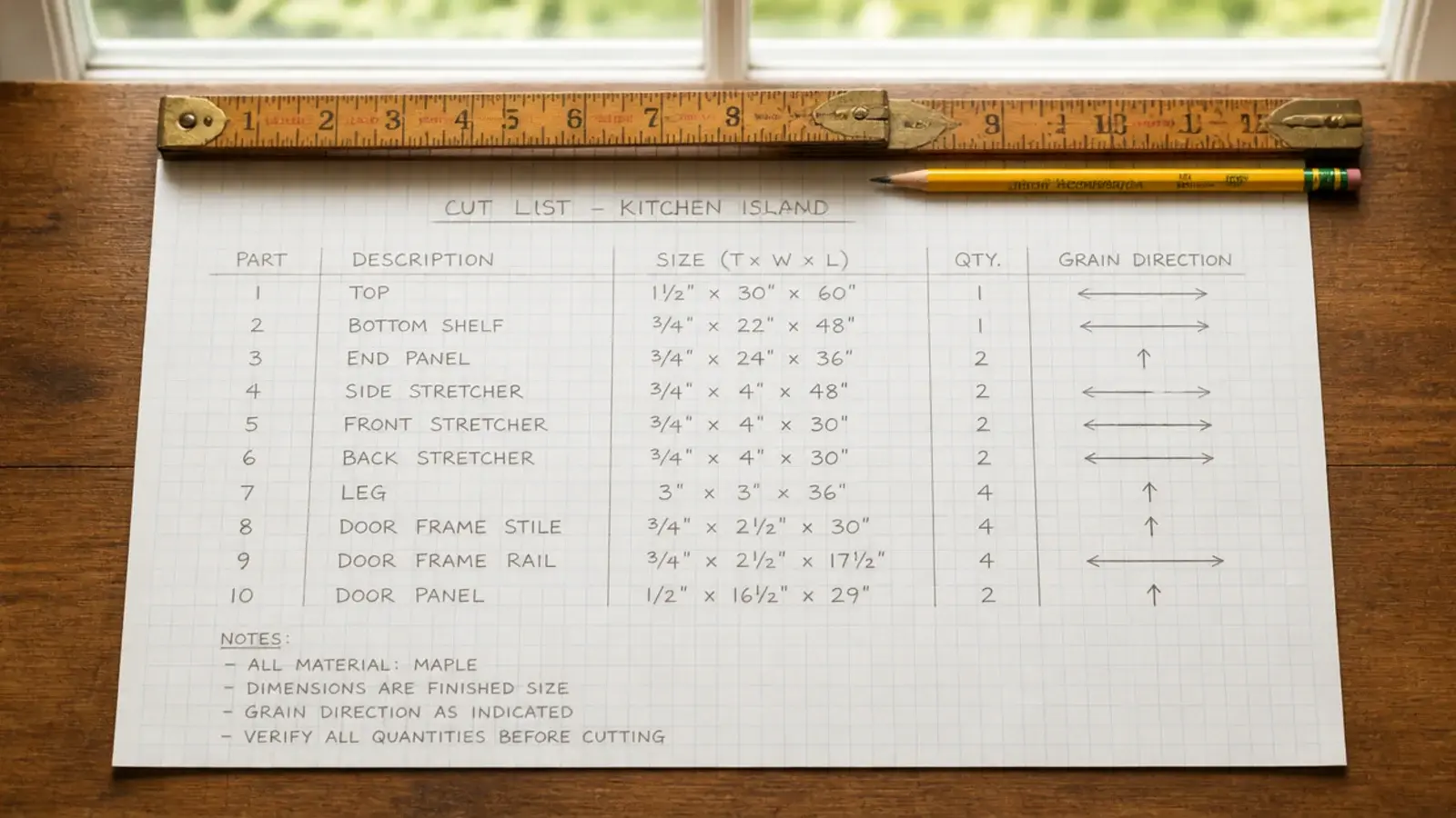 handwritten plywood cut list with dimensions and grain direction noted