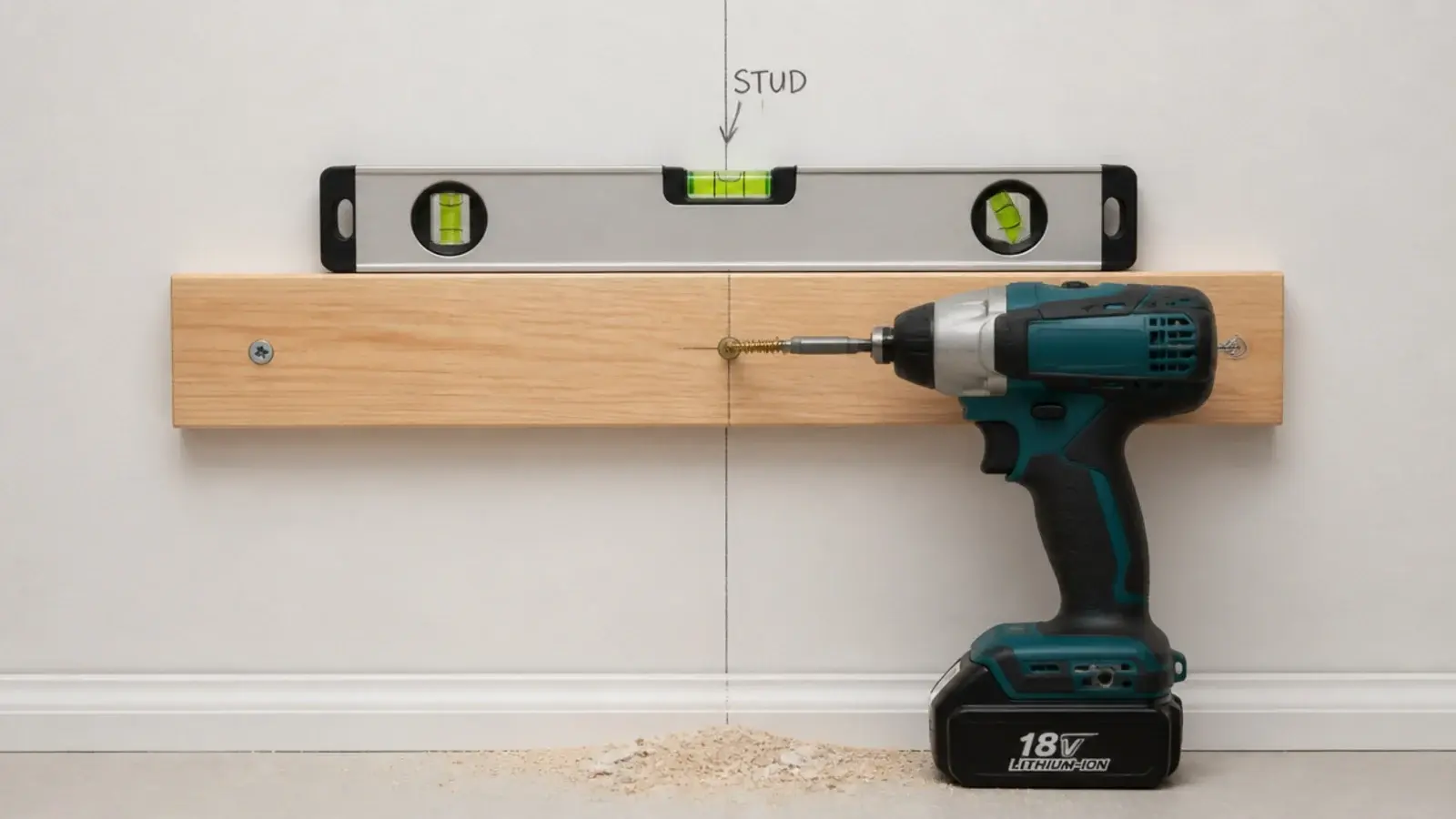 wall cleat being screwed into marked studs with a level on top